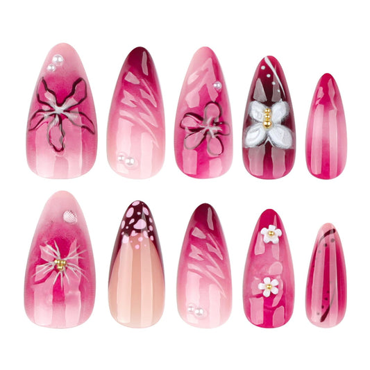 Cute Flowers Press on Nails Short Almond Press on French Tip Fake Nails White Butterfly False Nails with 3D Pearls Charms Designs Acrylic Nails Glossy Full Cover Glue on Nails for Women Manicure 24Pcs