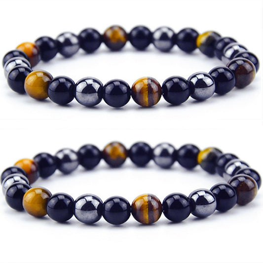 WEFRIN Triple Protection Bracelet for Bring Luck and Prosperity Hematite Black Obsidian Tiger Eye Stone Bracelets for Men Women, Beaded Buddha Rope Uni Bracelet (2pcs) (F)