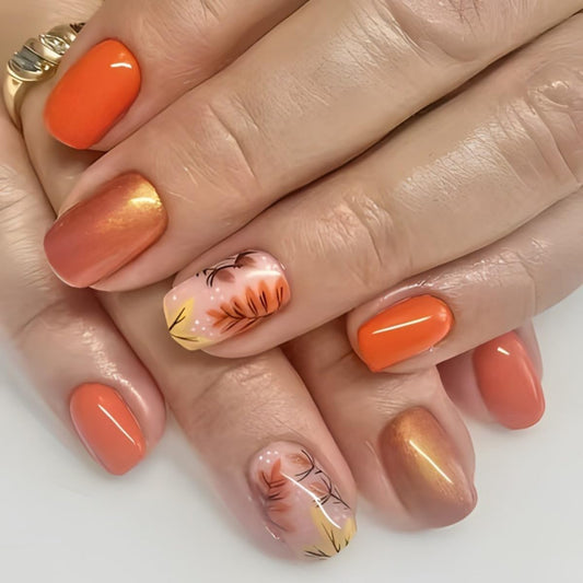 Thanksgiving Press on Nails Short Square Fake Nails Maple Leaves False Nails Holographic Full Cover Acrylic Nails with Glitter Design Stick on Nail Orange Glue On Nail for Women Girl Manicure 24Pcs