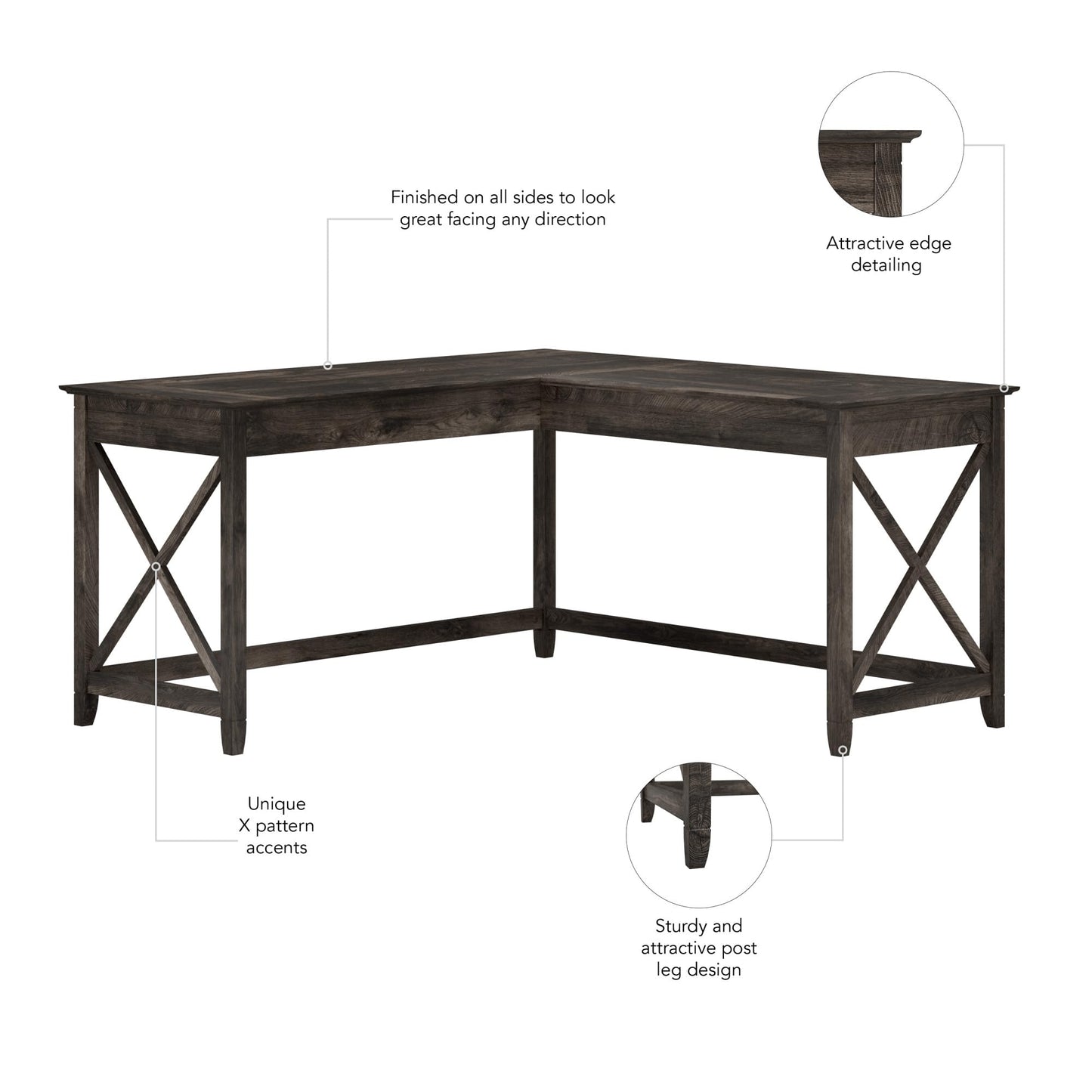 Bush Home Key West 60W Modern Farmhouse L Shaped Desk in Dark Gray Hickory, 60-Inch Corner Computer Table for Home Office Workspace