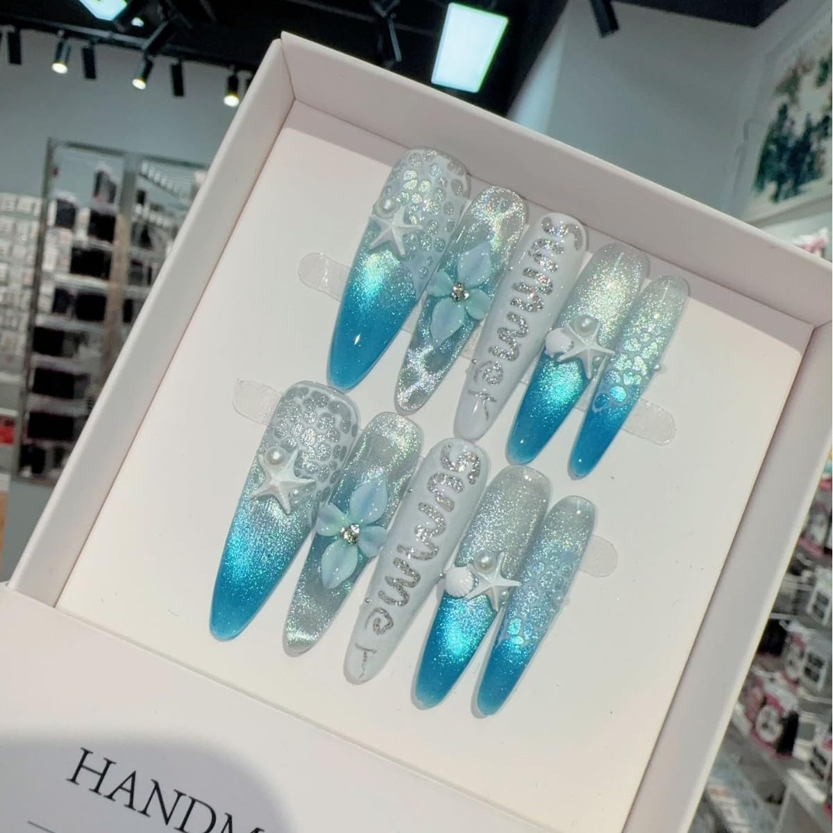 Summer Ocean Themed Press On Nails, Starfish & Floral Embellished Extra Long Stiletto Fake Nails, Reusable Manicure Set (S)