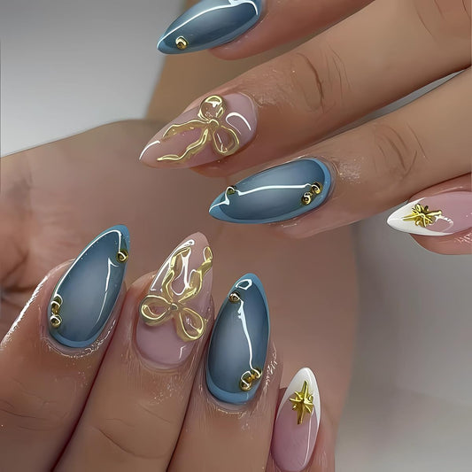 3D Gold Bow Press on Nails Glossy Blue Fake Nails Medium Almond False Nails with Star Design White French Tip Glue on Nails Full Cover Stick on Nails Cute Artificial Nails for Women Manicure 24Pcs