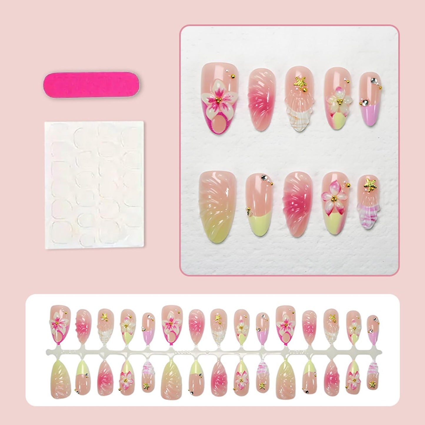 Cute Flower Press on Nails Medium Almond French Tip Fake Nails 3D Pink Gradient Flowers False Nails with Rhinestone Gold Beads Charms Design Acrylic Nails Golden Starfish Glue on Nail for Women 30Pcs