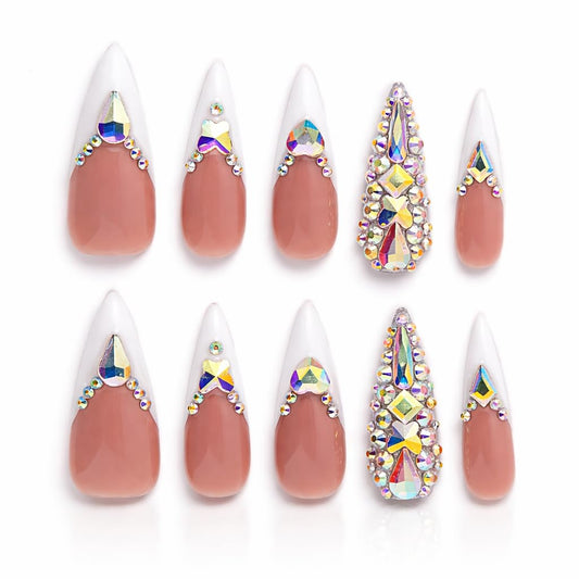 IntoVibes 10 Pieces Handmade Long Almond Press On Nails, White Thickened French False Nails With Rhinestone Decorate, Reusable Fake Nails Almond, Reusable Acrylic Nails (M)