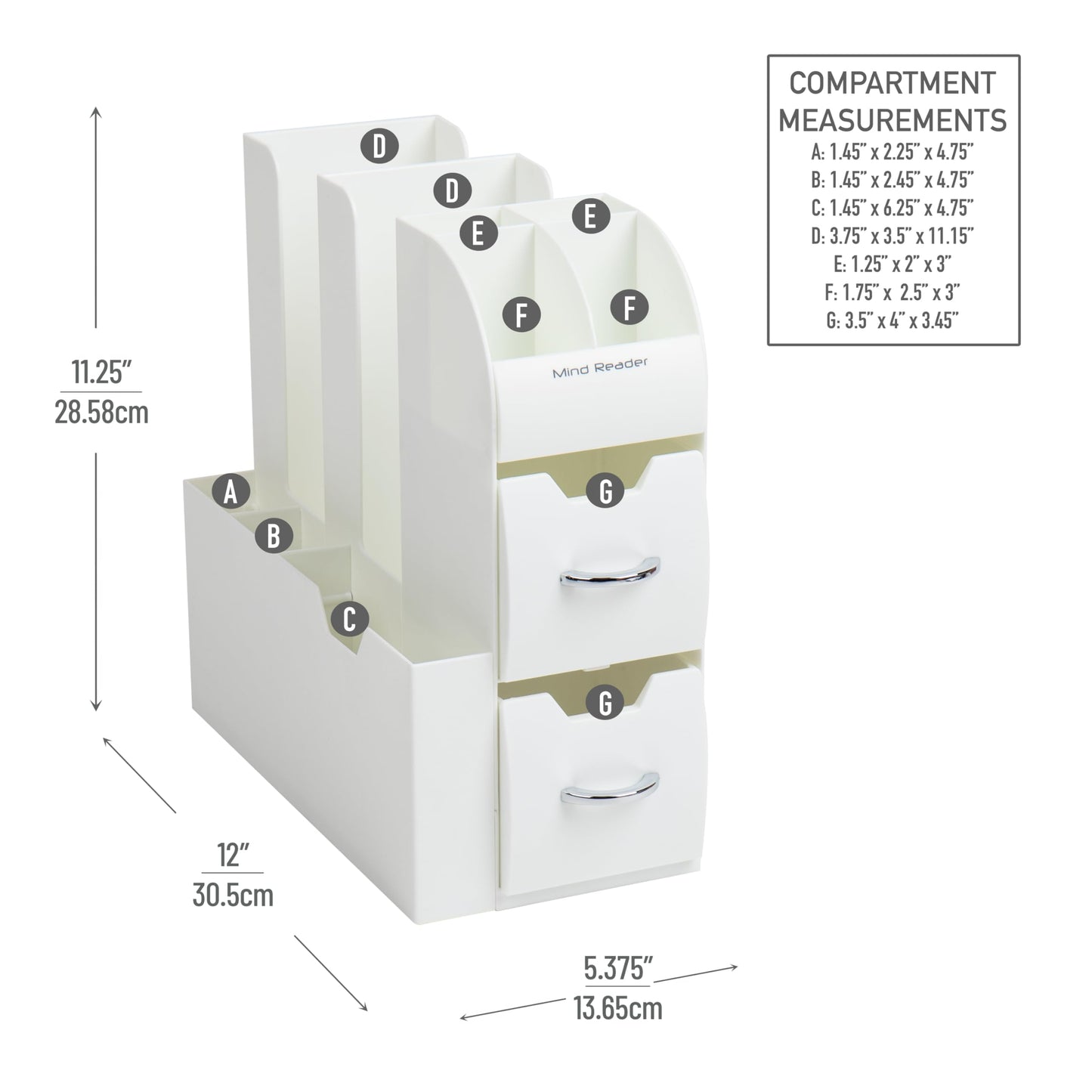 Mind Reader Cup and Condiment Station, Countertop Organizer, Coffee Bar, Kitchen, Stirrers, 5.375"L x 12"W x 11.25"H, White
