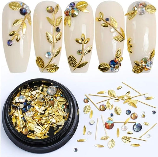 Chunmeng 3D Metal Nail Gems for Acrylic Nail Supplies, Holographic Gold Line Leaf Gems Sparkle Shape Design Decals DIY Manicure Jewelry Accessories for Women Girls Nail Decor