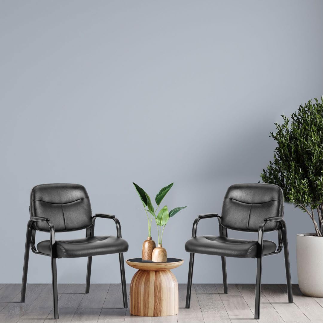 UOCFYK Reception Chairs, Leather Conference Room with Padded Arms and No Wheels for Professional Office Meeting Spaces and Guest Seating，Black-2 Pack