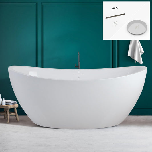 FerdY Naha 67" Acrylic Freestanding Bathtub, Curve Edge Freestanding Soaking Bathtub, Glossy White, cUPC Certified, Toe-Tap Chrome Drain & Overflow Assembly Included, 02588