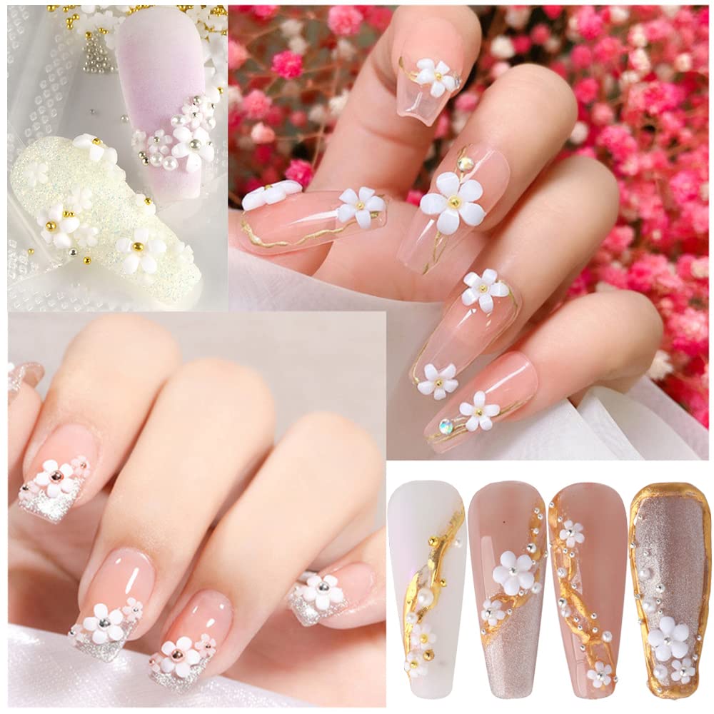 3D Flower Nail Charms, 2 Boxes 3D Acrylic Flower Nail Art Rhinestones White Pink Mixed Cherry Blossom Spring Acrylic Nail Supplies with Pearls Manicure DIY Nail Decorations