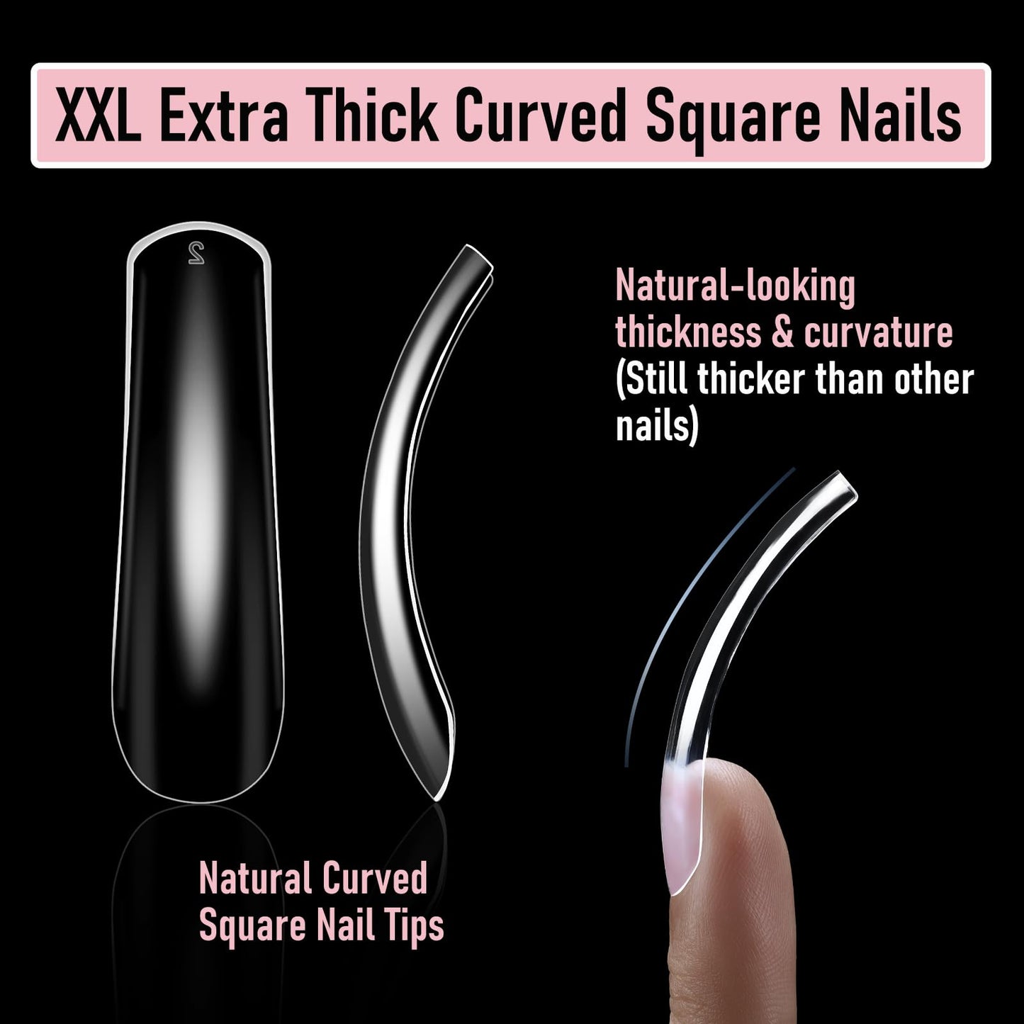 Wellquinn Curved Square Nail Tips Press on Full Cover Nails, Extra Curve Clear XXL Square Nail Tips Long XL Acrylic Fake Nails Extension, French False Nail 12 Sizes 240pcs