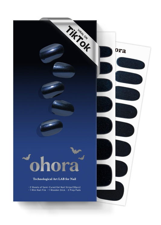 ohora Semi Cured Gel Nail Strips (N Navy Chrome) - Works with Any Lamps, Salon-Quality, Long Lasting, Easy to Apply & Remove - Includes 2 Prep Pads, Nail File & Wooden Stick