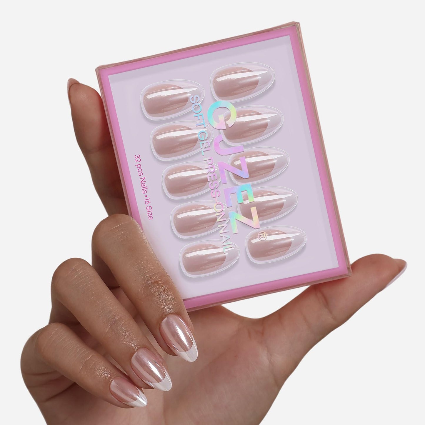 Pink Chrome French Tip Press On Nails - GJZEZ Soft Gel Short Almond Cute Spring Glazed Donut Aurora Pearlescent Fake Nail Gifts for Bridal, Salon Quality Reusable Nail | 16 Sizes - 32 pcs, Blush Glow