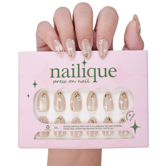 Nailique Press On Nails Short Almond – Handmade White Floral Soft Gel with Gold Foil Spring Design, 26pcs Reusable Nail Tips with Lamp-Curable Glue, Salon Quality Bridal Wedding Manicure