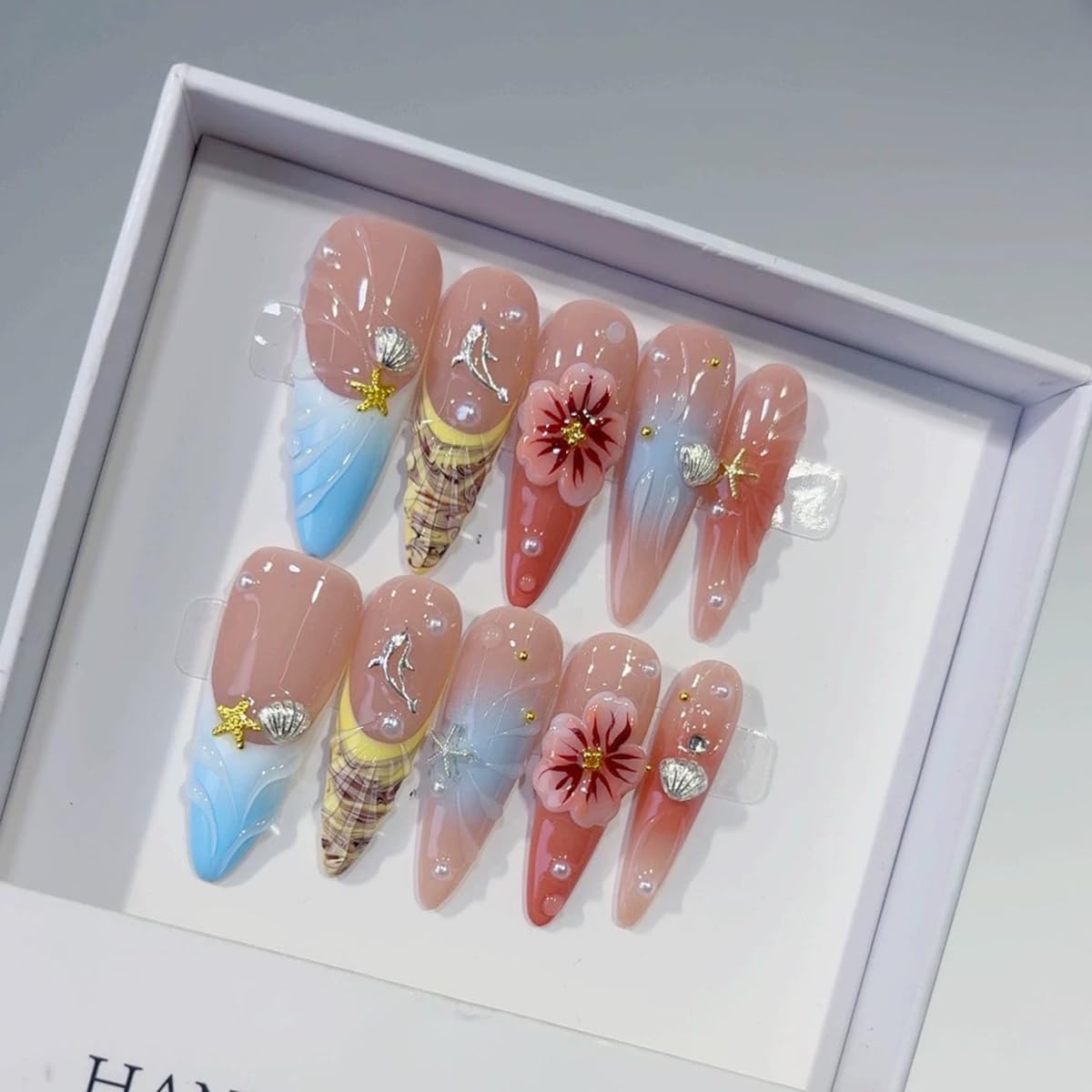 Handmade Press on Nails Long Stiletto False Nails Blue French Tip Fake Nails with 3D Red Flower and Dolphin Designs Sparkly Rhinestones Charm luxury Artificial Nails for Women (Size M）10pcs