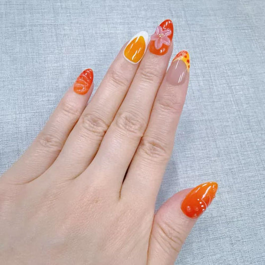 10 Short Almond Handmade Press On Nails | 3D Floral Gradient Color with Cute Starfish & Seashell,New styles for Autumn & Winter | Skip Salon Trips, Easy to Apply & Remove, Reusable(25106, XS)
