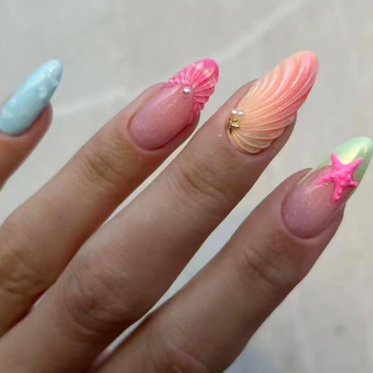 Hkanlre Almond Fake Nude Nails Tips Full Cover False Medium Nails Summer Flower Press on Nails for Women 24PCS