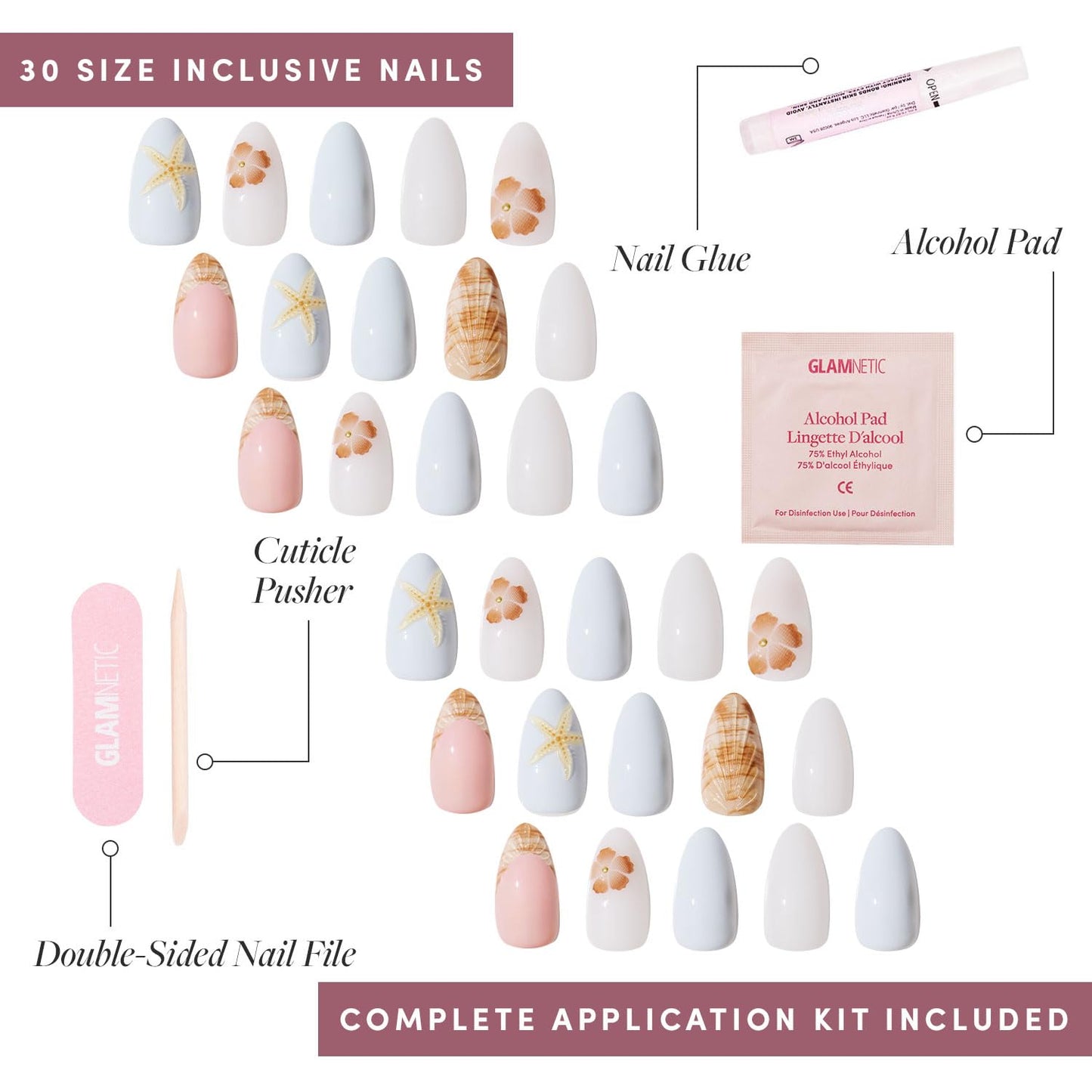 Glamnetic Press-On Nails Bundle - Sea Star & Goal Digger | Short Almond Seashell Fake Nails with 3D Nail Art | Natural Short Round False Nails with Gold Foil | Reusable, Salon-Quality Nail Kits