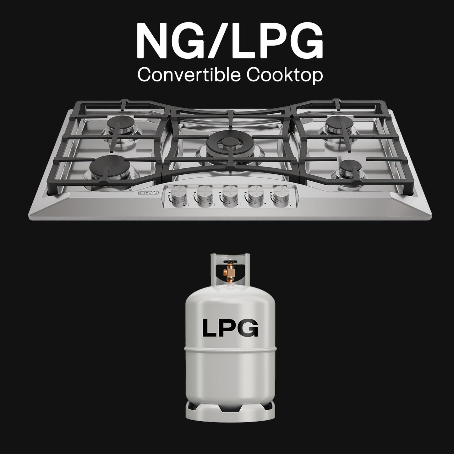 Empava 36 in. Gas Stove Cooktop 5 Italy Sabaf Sealed Burners NG/LPG Convertible in Stainless Steel, 36 Inch