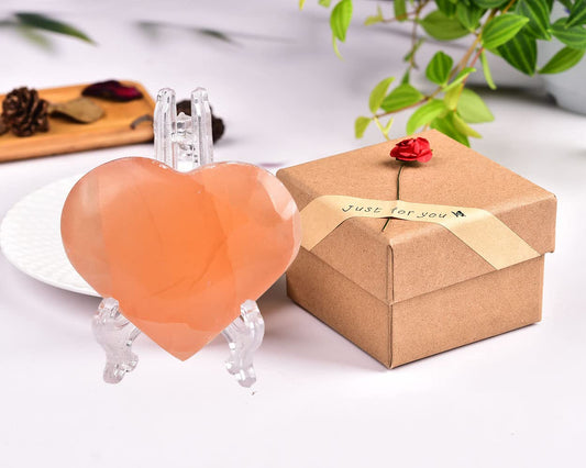 JIC Gem 2 Inch(60mm) Orange Selenite Crystal Stone Heart Palm Worry Stone Healing Crystals Gemstone with Free Display Holder and Gift Box Home Decoration