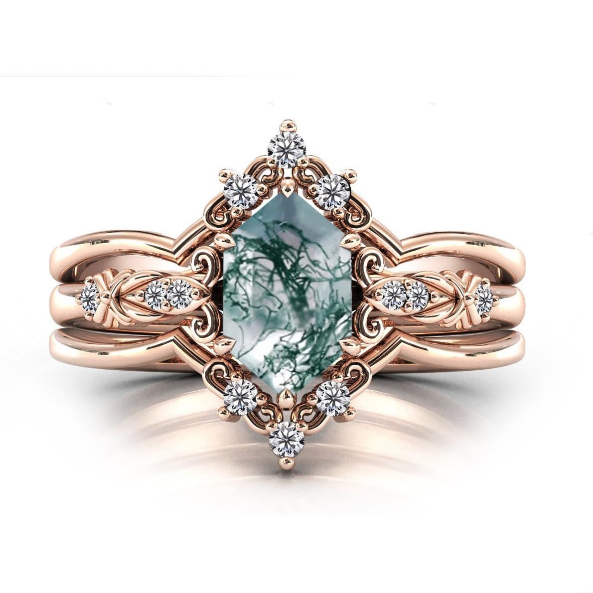 LELOUCHY Natural Moss Agate 925 Sterling Silver Rings Set Leaf Art Deco Hexagon Moss Agate Engagement Wedding Promise Rings Set Vintage Unique Bridal Jewelry Set for Women-9