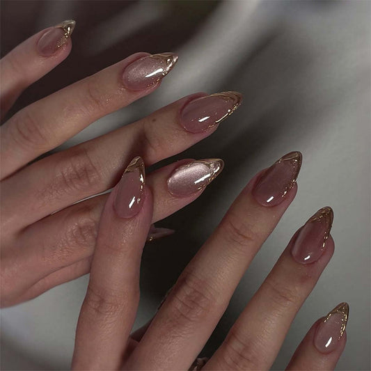 Gold Press on Nails Medium Almond Fake Nails with Design Glass Nude False Nails Press ons,Reusable Acrylic Nail Full Cover Glossy Glue on Nail Stick on Nails for Women Girls Manicure 24 Pcs