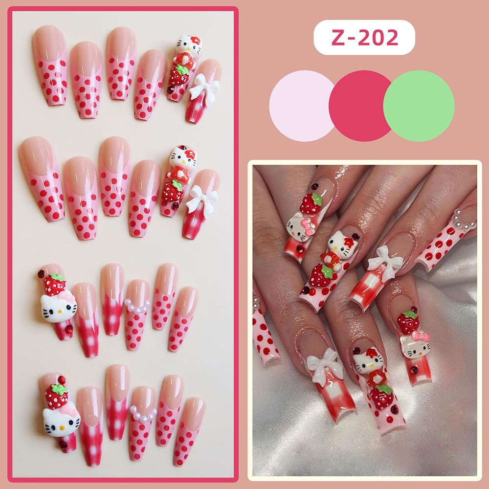 Cute Press on Nails Long Coffin Fake Nails with Glue Strawberry Bow Cat Nail Charms Design Cartoon Acrylic Nails for Women DIY 24Pcs Full Cover French Tip False Nails