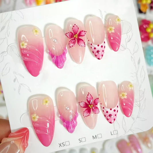 24Pcs Pink Gradient Press on Nails Medium Almond Fake Nails with 3D Seashell Flowers and Hand-Painted Pearls Designs French Nails Cute Stick on Nail Floral False Nails for Women