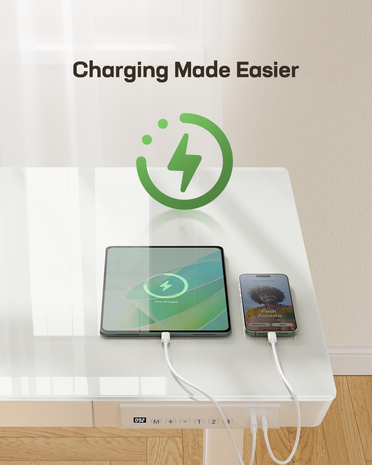 Marsail Glass Standing Desk with Drawer,55 x 28 inch Electric Standing Desk, Adjustable Height Desk with Storage & USB Charging Ports, One-Piece Standing Desk for Home & Office, White
