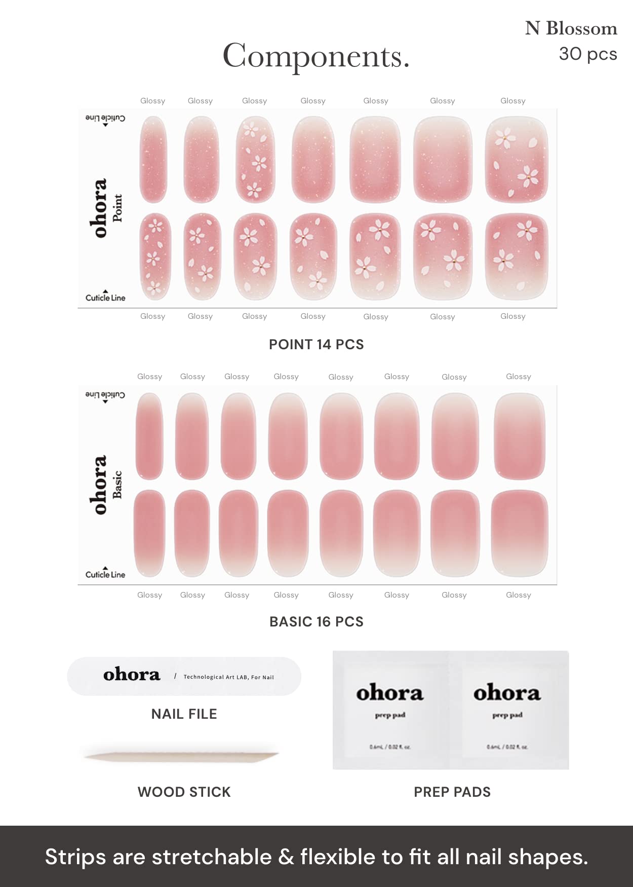 ohora Semi Cured Gel Nail Strips (N Blossom) - Nude, Ombre, Works with Any UV/LED Lamps, Salon-Quality, Long Lasting, Easy to Apply & Remove - Includes 2 Prep Pads, Nail File & Wooden Stick
