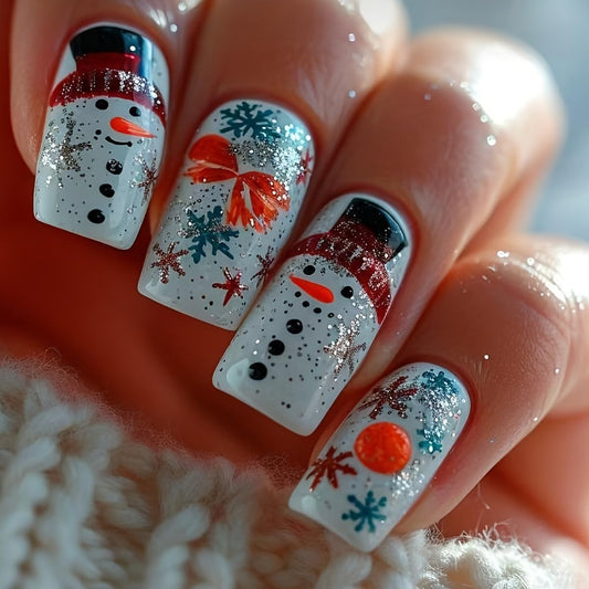 Christmas Press on Nails Medium Square Fake Nails Cute Snowman Bow False Nail with Snowflake Glitter Christmas Glue on Nail Full Cover Glossy Stick on Nail for Women Girls