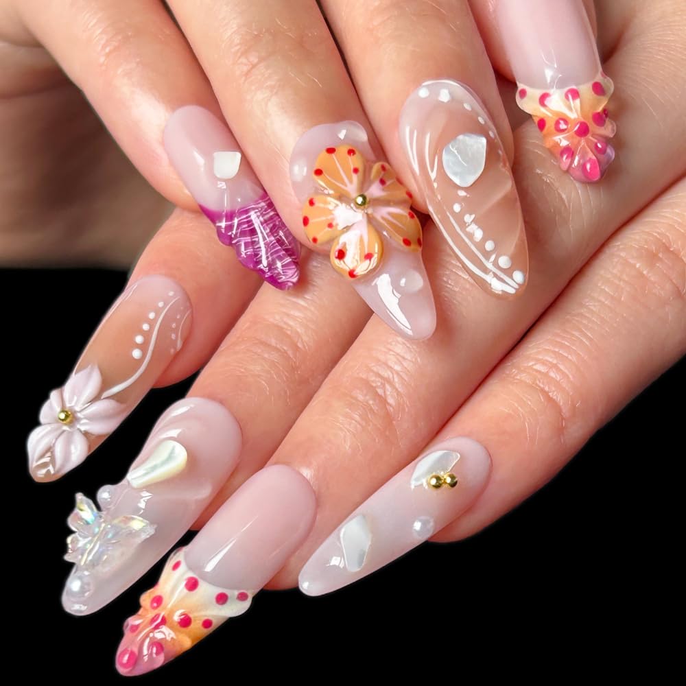 MAGLFELL Handmade Acrylic Press On Nails, 3D French Long Almond False Nails for Women, Reusable ABS Material Fake Nails, 10 Pcs Almond Stick On Nails, DIY Fingernails Art At Home (Size M)