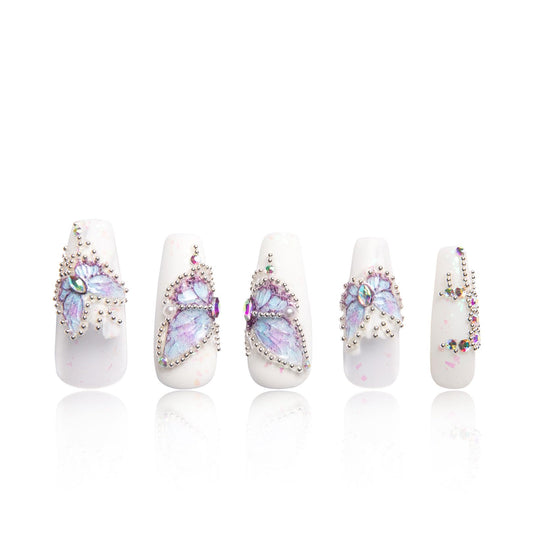LOVFUL Press on Nails Holly Blue | Handmade with Full Covered Crystals | Reusable Fake Nails | Coffin Classic Regular 1.3 in | H23-S