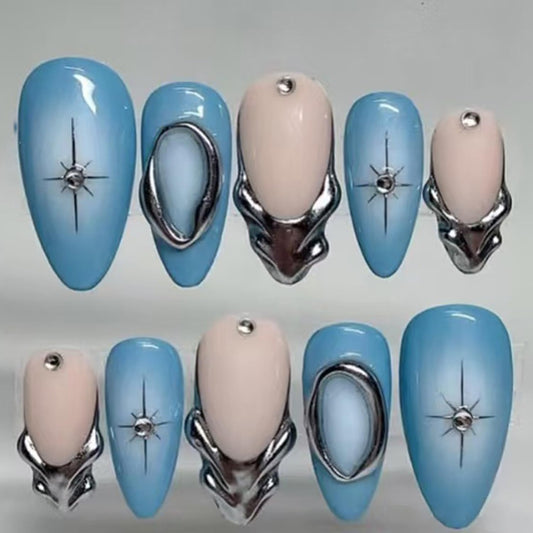 24Pcs Handmade Blue Press on Nails Medium Almond with 3D Crystal Rhinestones Design, Sparkling Star Fake Nail Tips Y2k Gradient Blue French Style Silver Star Sweet Almond Shape False Nails for Women