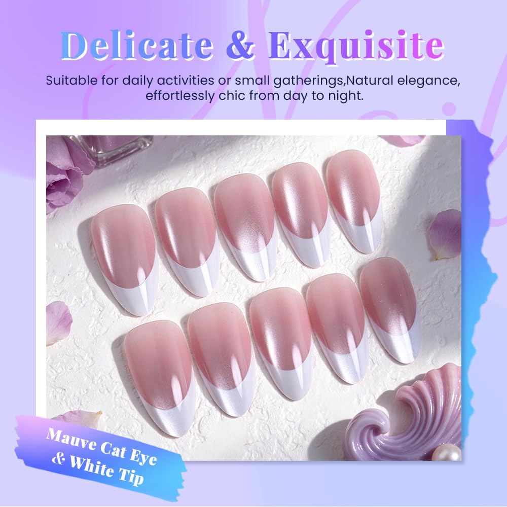 evpct Mauve Cat Eye French Tip Press on Nails Almond Medium No Glue, White French Tip Medium Almond Holographic Stick on Nails for Women, Reusable Full Cover Soft Press on Nail Perfectly with Design