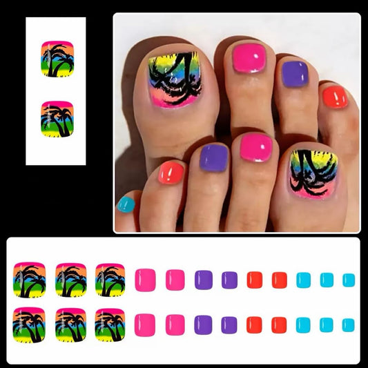 CTTHNBD Press on Toenails - Summer Fake Toenails with Coconut Tree Design - Ombre, Colorful Press on Toe Nails for Women - 24 Pcs