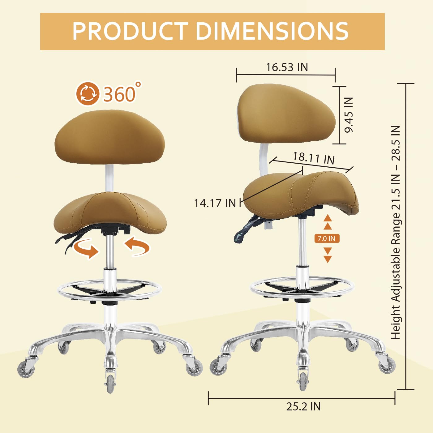 Nazalus Saddle Stool Chair with Back Support Footrest, Heavy-Duty(350LBS), Hydraulic Rolling Swivel Adjustable Stool Chair for Salon Spa Beauty Massage Dental Clinic Home Office Use(Camel)