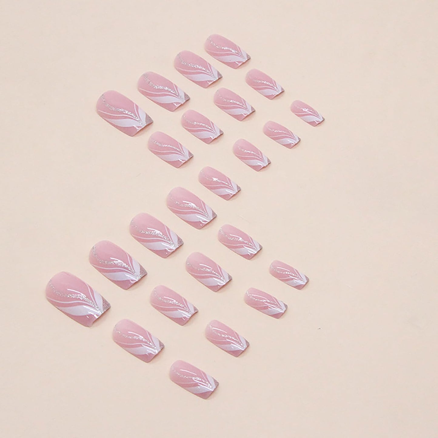 Vezocim Pink Artificial Fake Square Nails, 24Pcs Press on Nails Medium Coffin with French Line Designs, Glossy Full Cover Acrylic False Nail, Glue Fake Fingernails with Charm for Women