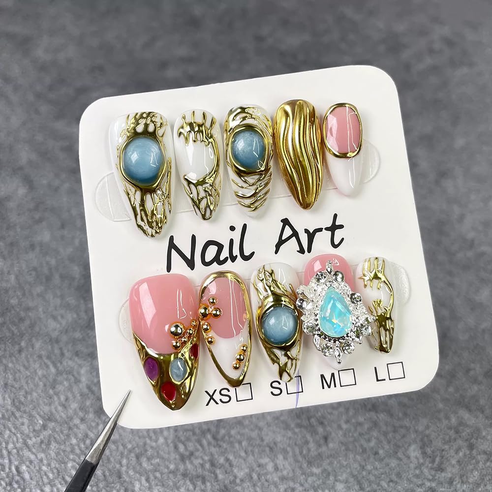 Handmade Press on Nails Almond Fake Nails with 3D Rhinestones Designs False Nails Gold Embossed Acrylic Nails for Women DIY 10pcs