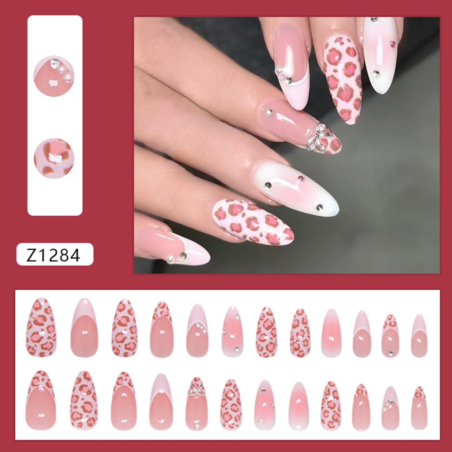 Nude Pink Press on Nails Medium Almond Artificial Acrylic French Tip Fake Nails Pink Leopard Print with Silver Bow Rhinestones Stick on Nail Artificial Fingernails Press Ons Nail for Women Manicure