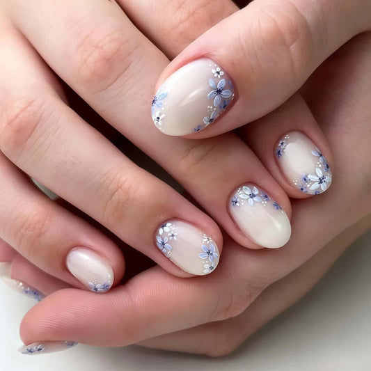 French Flower Press on Nails Short Round Fake Nails with Blue Floral Design Glossy White Glue on Nails Spring Summer Reusable Artificial Nail Full Cover Stick on Nails for Women 24Pcs