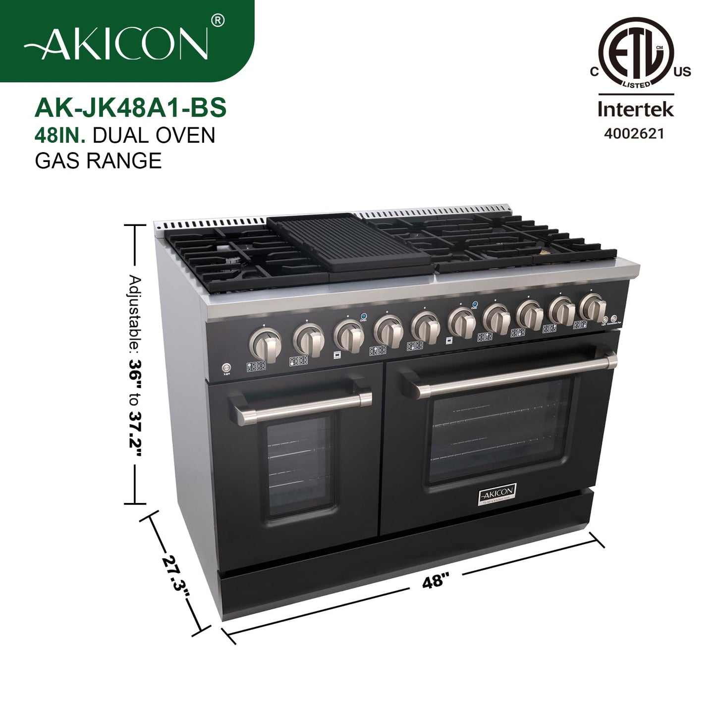 Akicon 48 Inch Freestanding Gas Range - 6.7 cu. ft. Double Rapid Convection Oven - Gas Stove with 8 Sealed Burners & a Griddle, Heavy Duty Cast Iron Grates (Black & Stainless Steel)