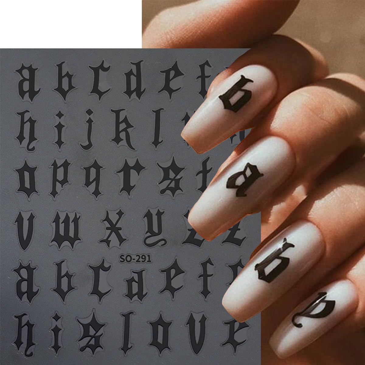Retro English Letters Nail Stickers 3D Self Adhesive Old English Nail Art Stickers Black White Gold Silver Nails Design Decals Old Alphabet Nail Decorations for Women DIY Nails Supplies 8Sheets