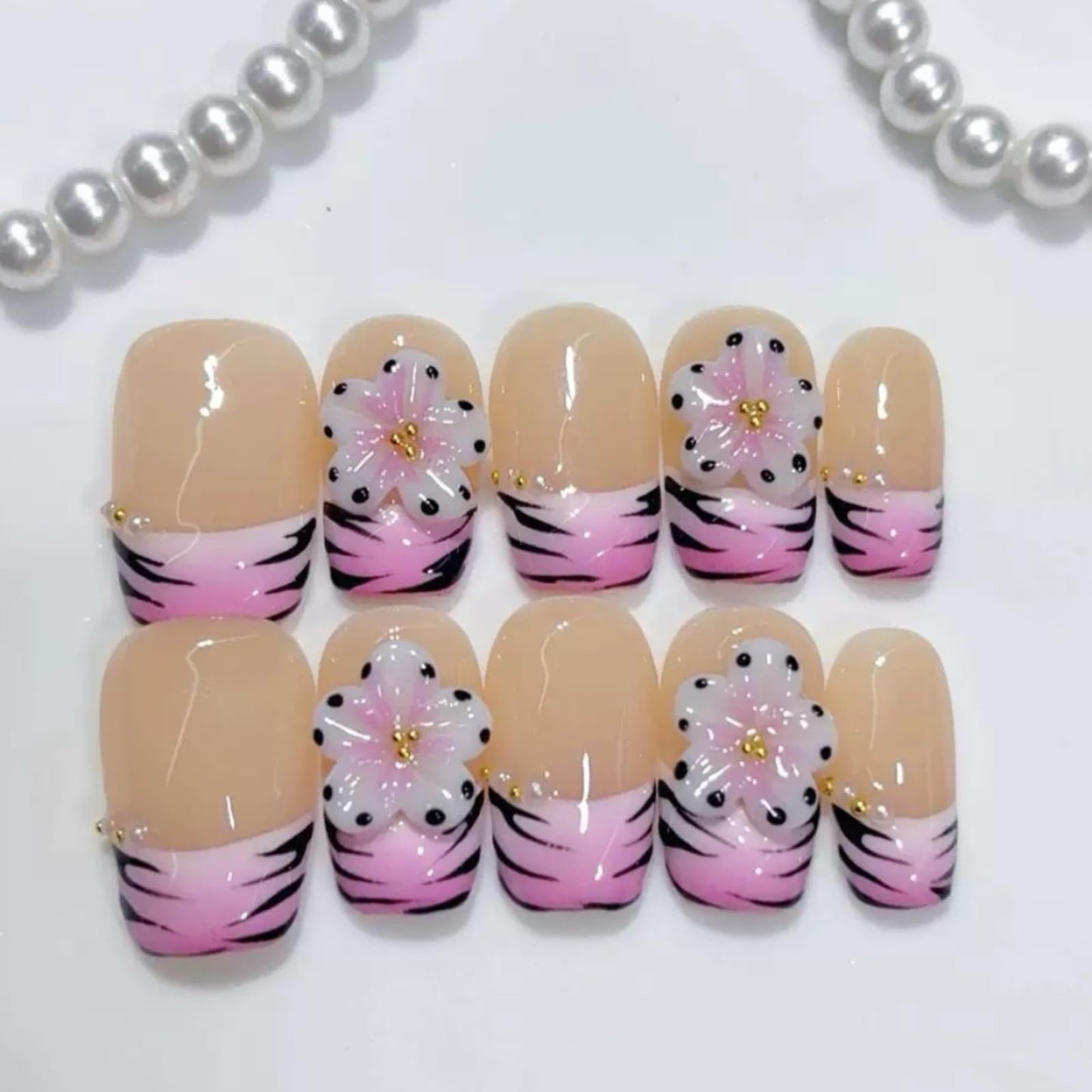 Haozerart Short Square Handmade Press on Nails 10Pcs - Luxury French Style Fake Nails with 3D Floral & Zebra Print, Shiny Cute False Nails for Women and Girls (M Size)