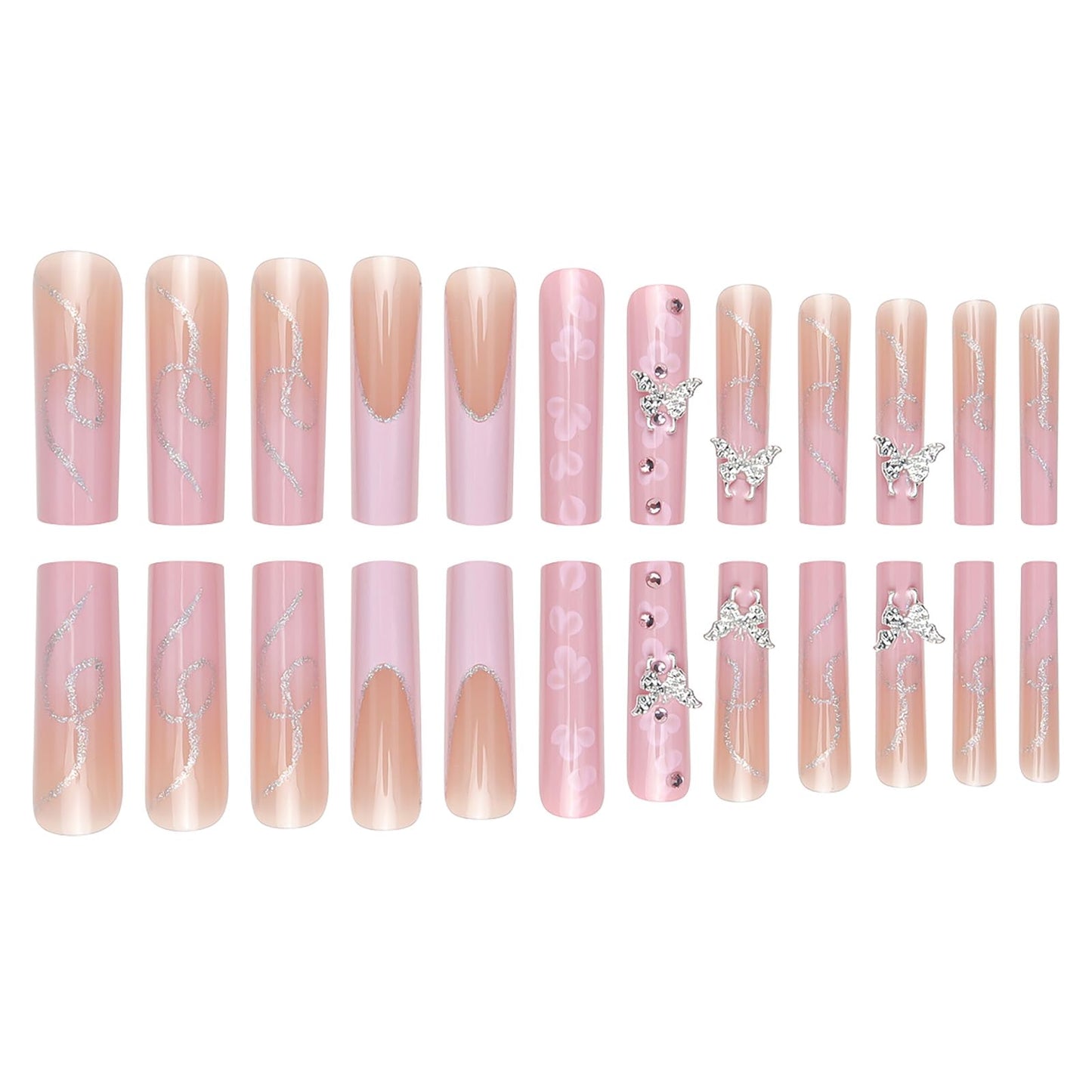 RUOKEXIN Pink French Tip Press on Nails Long Coffin Fake Nails Acrylic False Nails with 3D Silver Butterfly Designs Glitter Nail Press ons Glossy Artificial Nails Summer Stick on Nails for Women 24Pcs