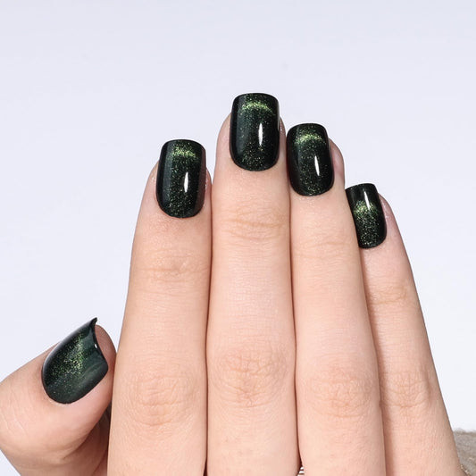 Green Cat Eye Press On Nails - Short Square Magnetic Cat Eye Press On Nails, Reusable Fake Nails Kit with Nail Glue, 30PCS 15 Sizes