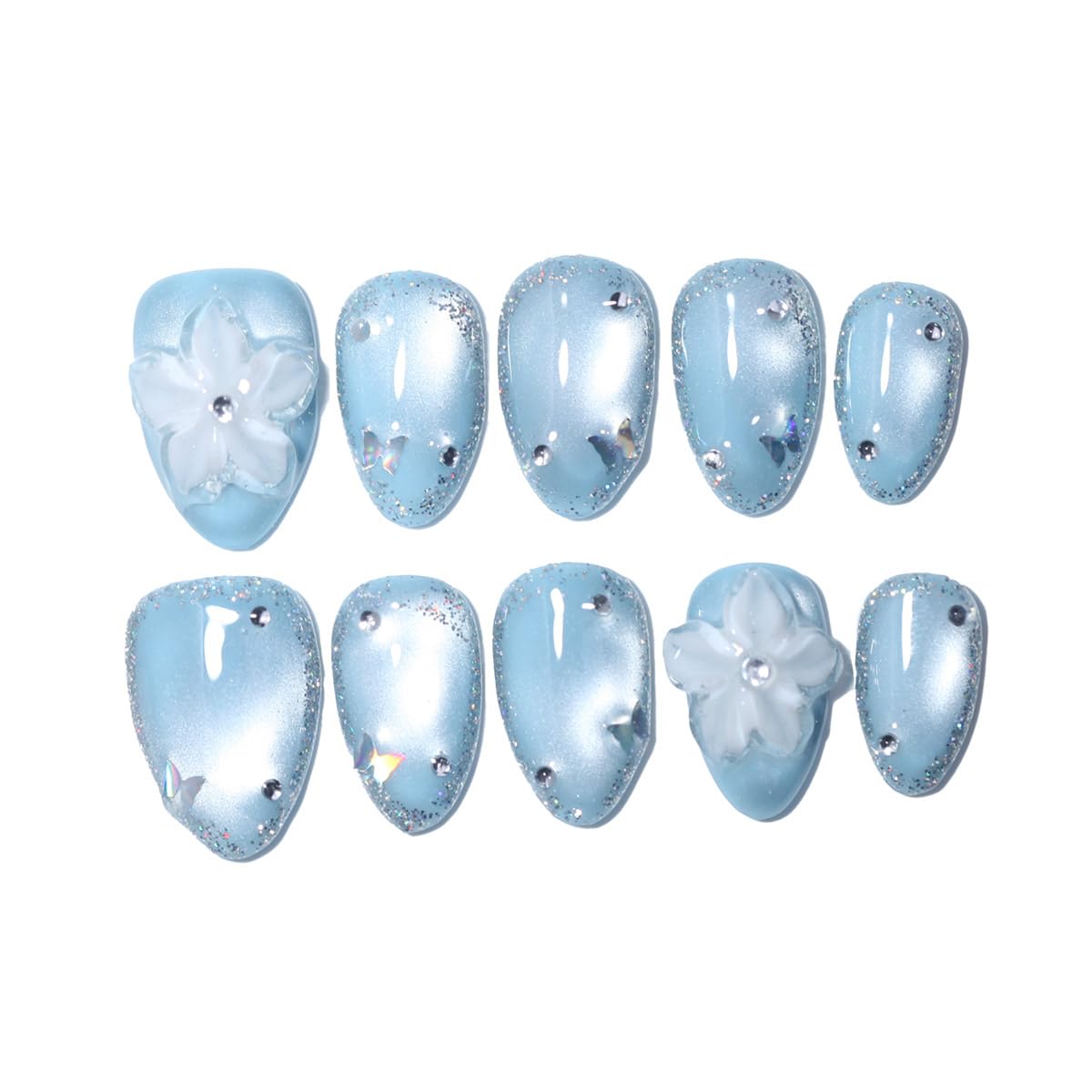 10 Pcs Short Almond Handmade Press On Nails | Sky Blue Cat Eye with 3D Floral & Rhinestone Accents | Reusable, Easy to Apply & Remove, Salon-Quality Manicure (RR16, XS)