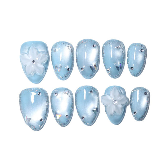 10 Pcs Short Almond Handmade Press On Nails | Sky Blue Cat Eye with 3D Floral & Rhinestone Accents | Reusable, Easy to Apply & Remove, Salon-Quality Manicure (RR16, XS)