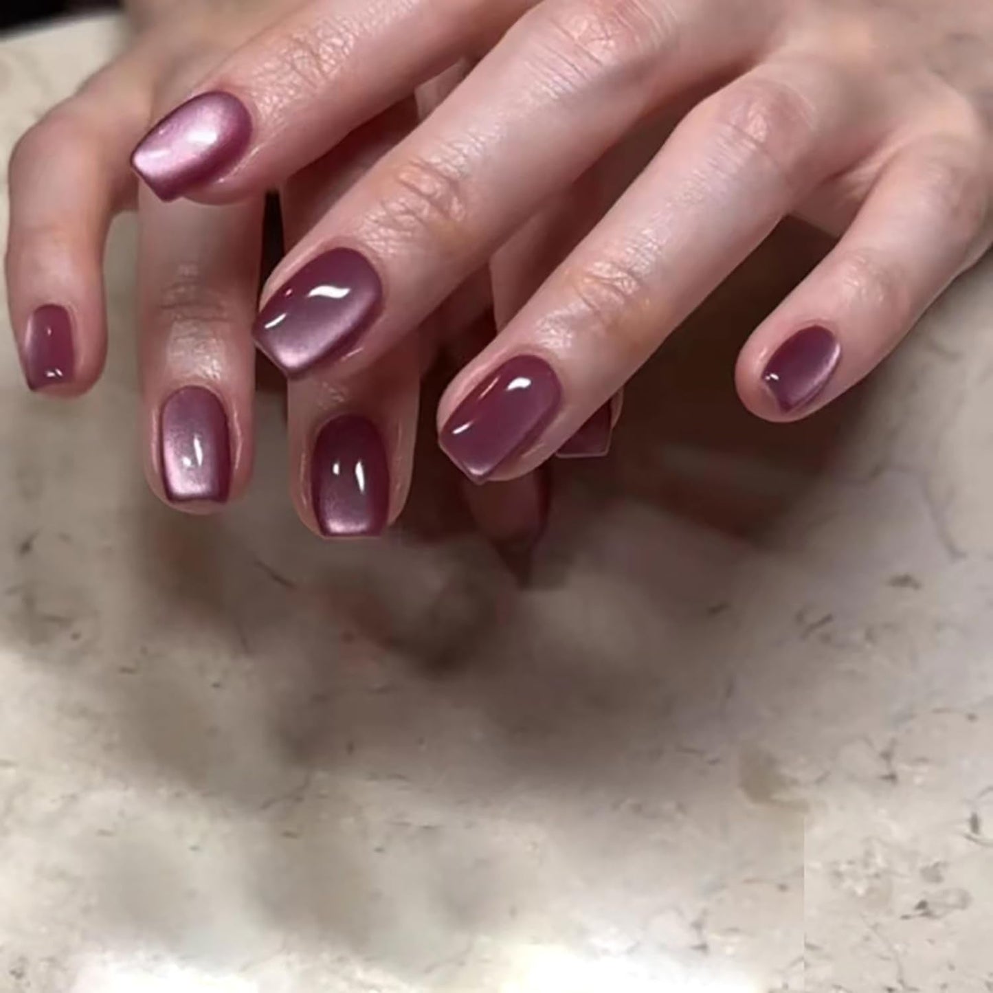 Vezocim Press on Nails Short Square-24Pcs Glossy Full Cover Acrylic Purple False Nails with Cat Eyes Designs Artificial Extra Short Square Fake Nails with Glue Stick on Fingernails for Women Girls