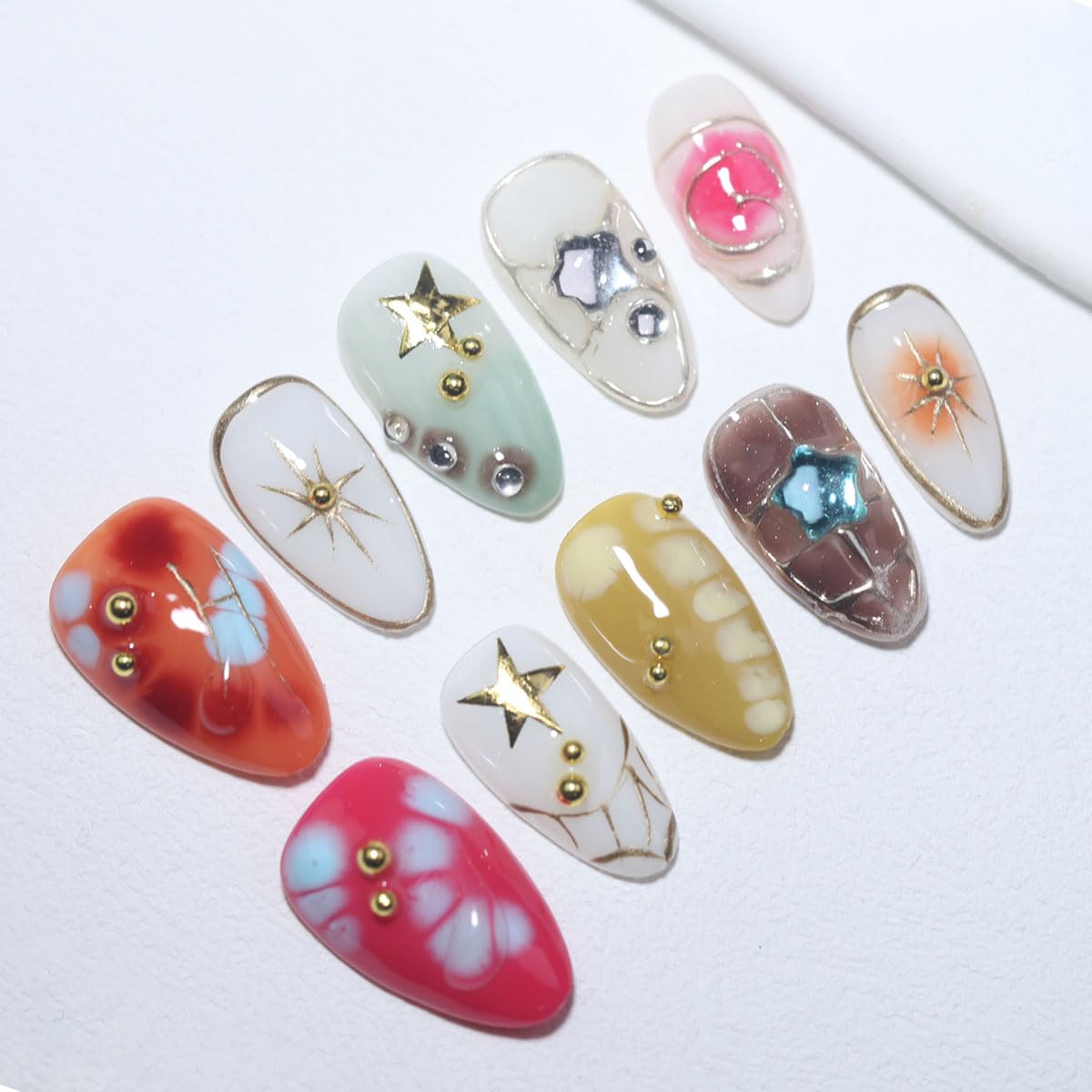 10Pcs Short Almond Handmade Press On Nails | Easy Apply & Remove, Reusable Salon Quality Nails | Colorful Y2K Fake Nails with 3D Star, Gold Accents & Rhinestone (RR06, S)