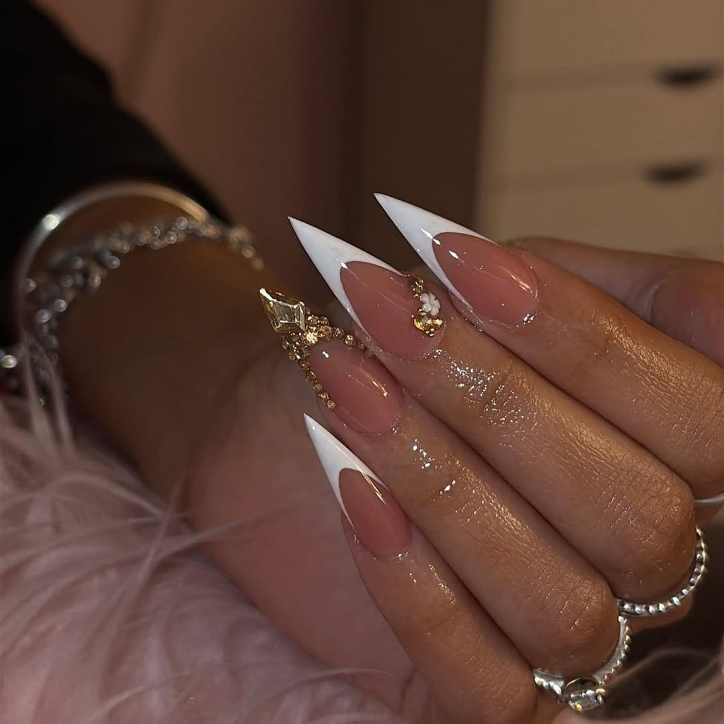 Handmade Press on Nails Long Stiletto Fake Nail Luxury 3D Golden Rhinestones Design White French Tip Stick on Nails Thick Fake Nail DIY Art Elegant Elegant Acrylic Nails for Women (S)